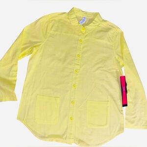 TEEZHER BUTTON-UP SHIRT COTTON WOMEN LONG SLEEVE POCKET YELLOW COLOR SIZE LARGE
